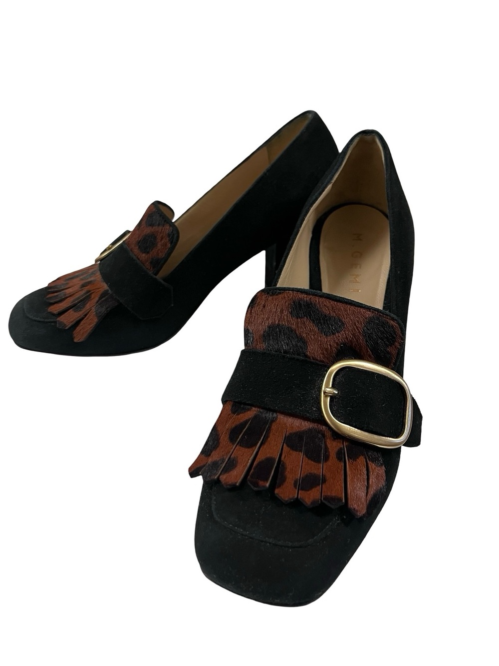M. Gemi Lettura Block Heel Loafer Leopard Calf Hair Fringe Sz 38 Like 7-7.5